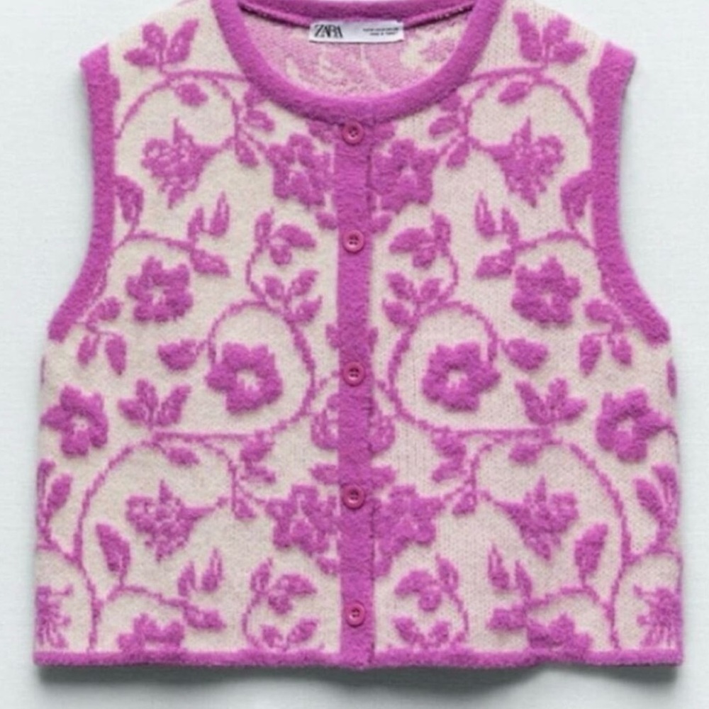 Zara Pink Jaquaed Floral Sweater Vest